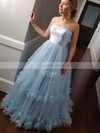 Tulle Strapless A-line Sweep Train Flower(s) Prom Dresses #LDB020106716