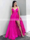 Satin V-neck A-line Floor-length Split Front Prom Dresses #LDB020106769