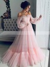 Tulle Off-the-shoulder Princess Sweep Train Appliques Lace Prom Dresses #LDB020106822