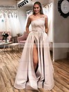 Satin Strapless A-line Sweep Train Sashes / Ribbons Prom Dresses #LDB020106846