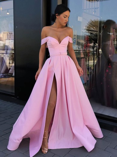 Satin Off-the-shoulder A-line Sweep Train Sashes / Ribbons Prom Dresses #LDB020106850