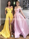 Satin Off-the-shoulder A-line Sweep Train Sashes / Ribbons Prom Dresses #LDB020106850