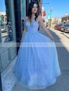 Glitter V-neck A-line Sweep Train Pockets Prom Dresses #LDB020106870