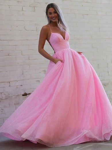 Glitter V-neck Ball Gown Sweep Train Pockets Prom Dresses #LDB020106872