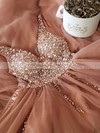 Tulle V-neck A-line Sweep Train Beading Prom Dresses #LDB020106698