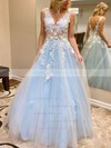 Tulle V-neck Ball Gown Sweep Train Appliques Lace Prom Dresses #LDB020106757