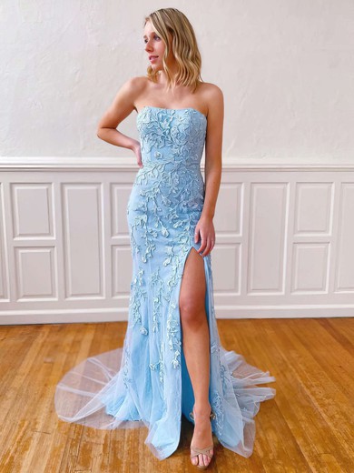 Lace Tulle Strapless Sheath/Column Sweep Train Appliques Lace Prom Dresses #LDB020106782