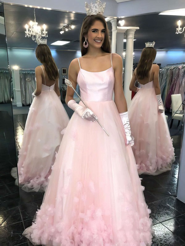 Tulle Square Neckline Ball Gown Sweep Train Flower(s) Prom Dresses #LDB020106830
