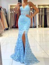Tulle V-neck Trumpet/Mermaid Sweep Train Appliques Lace Prom Dresses #LDB020106894