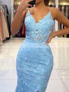 Tulle V-neck Trumpet/Mermaid Sweep Train Appliques Lace Prom Dresses #LDB020106894