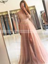 Tulle Scoop Neck A-line Sweep Train Appliques Lace Prom Dresses #LDB020106912