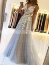 Tulle V-neck A-line Sweep Train Beading Prom Dresses #LDB020106918