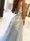 Tulle V-neck A-line Sweep Train Beading Prom Dresses #LDB020106918