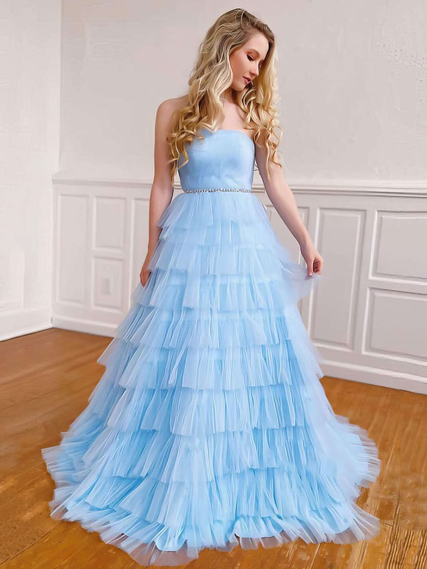 Tulle Strapless Ball Gown Sweep Train Beading Prom Dresses #LDB020106923