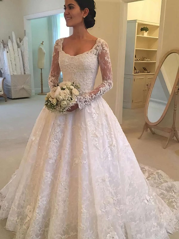 Lace Square Neckline Ball Gown Sweep Train Appliques Lace Wedding Dresses #LDB00023580