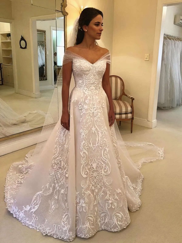 Tulle Off-the-shoulder Ball Gown Sweep Train Appliques Lace Wedding Dresses #LDB00023581