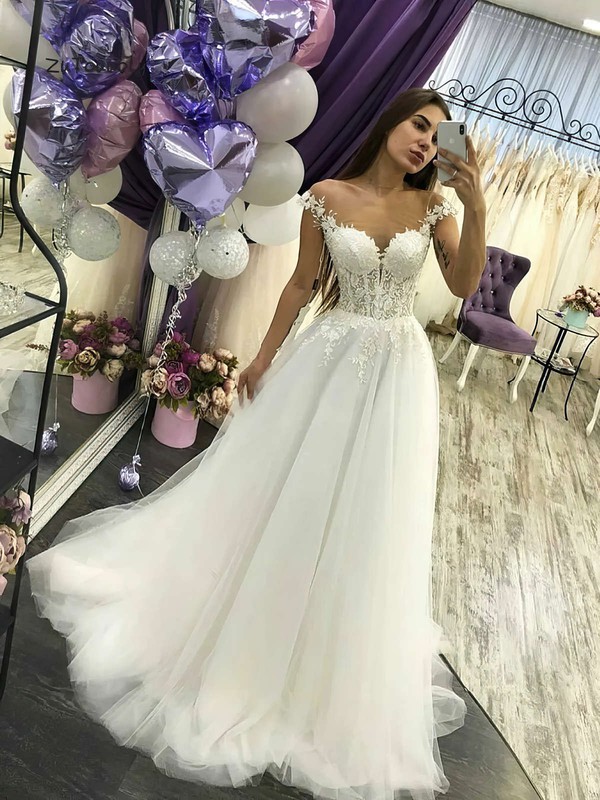 Tulle Scoop Neck A-line Floor-length Appliques Lace Wedding Dresses #LDB00023582