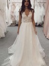 Tulle V-neck A-line Sweep Train Appliques Lace Wedding Dresses #LDB00023588