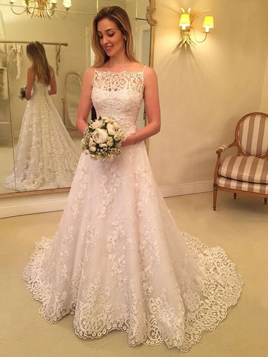 Tulle Square Neckline Princess Sweep Train Appliques Lace Wedding Dresses #LDB00023591