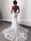Tulle V-neck Trumpet/Mermaid Sweep Train Appliques Lace Wedding Dresses #LDB00023596