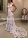 Lace Scoop Neck Trumpet/Mermaid Sweep Train Appliques Lace Wedding Dresses #LDB00023598
