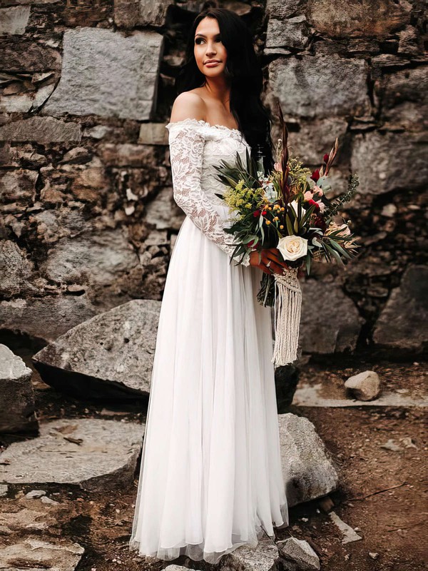 Lace Chiffon Off-the-shoulder A-line Floor-length Wedding Dresses #LDB00023603