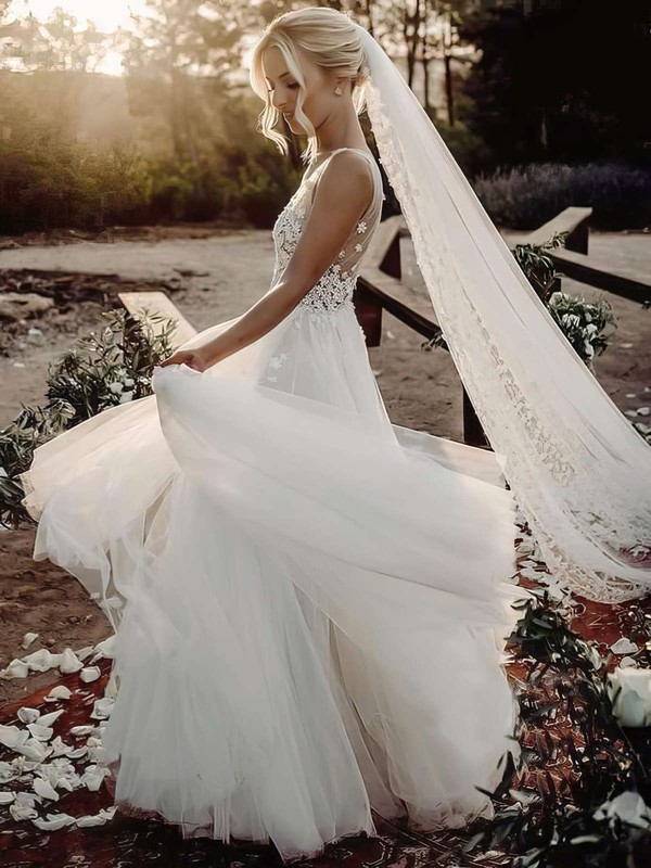 Tulle V-neck A-line Floor-length Appliques Lace Wedding Dresses #LDB00023610