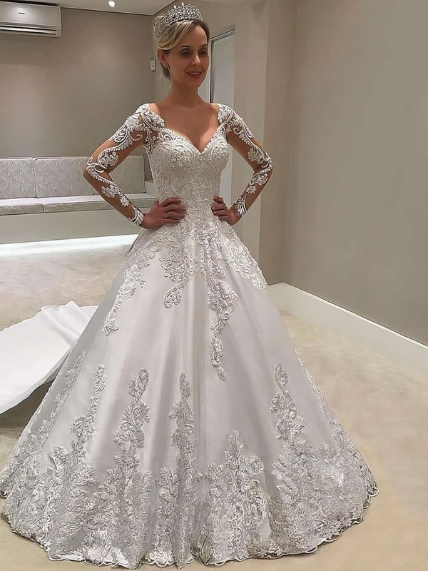 Satin V-neck Ball Gown Detachable Appliques Lace Wedding Dresses #LDB00023618
