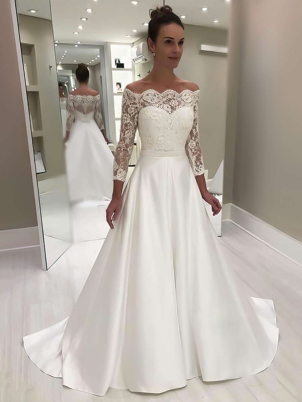 Satin Off-the-shoulder A-line Sweep Train Appliques Lace Wedding Dresses #LDB00023620