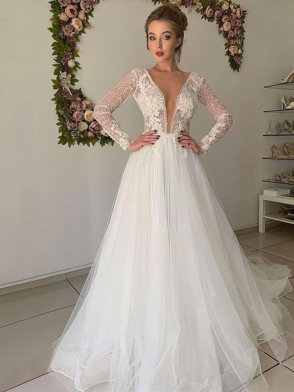 Tulle Scoop Neck Princess Court Train Appliques Lace Wedding Dresses #LDB00023624