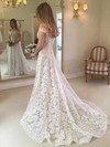 Lace Off-the-shoulder A-line Sweep Train Buttons Wedding Dresses #LDB00023637