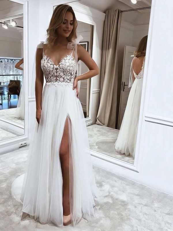 Tulle V-neck A-line Floor-length Appliques Lace Wedding Dresses #LDB00023640