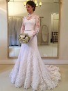 Tulle High Neck Trumpet/Mermaid Sweep Train Appliques Lace Wedding Dresses #LDB00023649