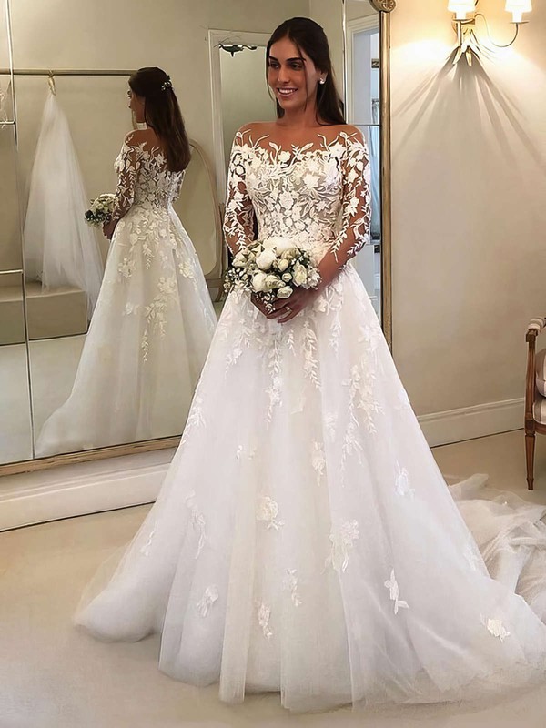 Tulle Scoop Neck Princess Sweep Train Appliques Lace Wedding Dresses #LDB00023650