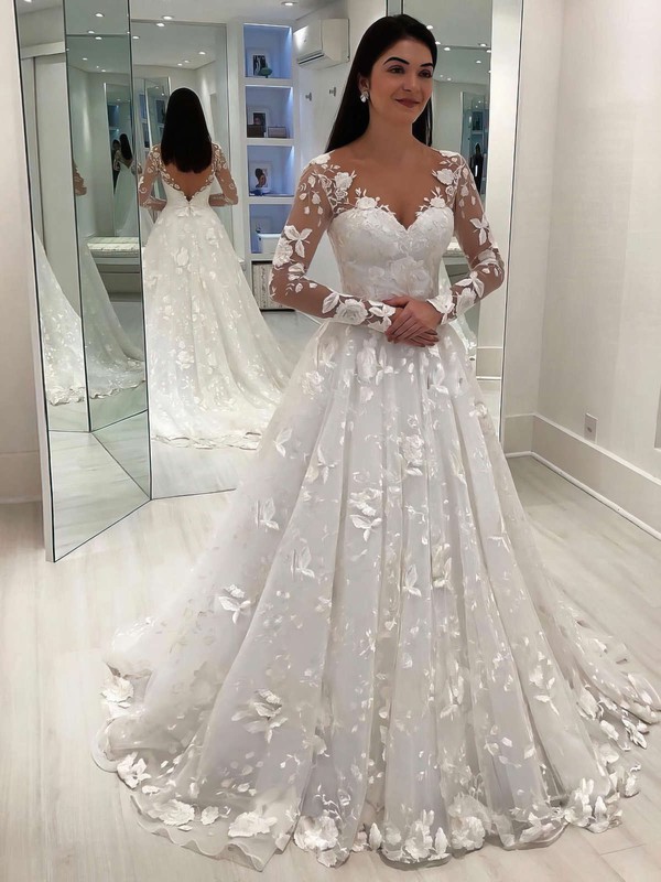 Tulle V-neck Princess Sweep Train Appliques Lace Wedding Dresses #LDB00023651