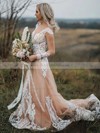 Tulle V-neck Trumpet/Mermaid Sweep Train Appliques Lace Wedding Dresses #LDB00023652