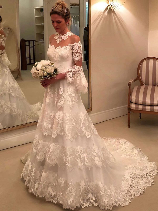 Tulle Scoop Neck Princess Sweep Train Appliques Lace Wedding Dresses #LDB00023654