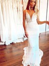 Lace V-neck Trumpet/Mermaid Sweep Train Appliques Lace Wedding Dresses #LDB00023658