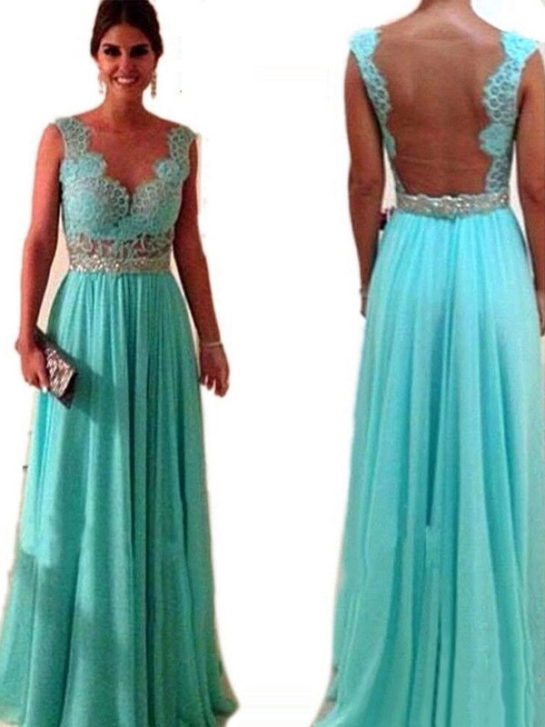V-neck Green Lace Chiffon Sashes / Ribbons Wholesale A-line Prom Dresses #LDBFB020100334