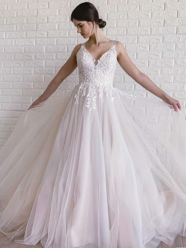 Tulle V-neck A-line Sweep Train Appliques Lace Wedding Dresses #LDB00023663