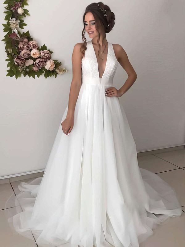 Tulle V-neck A-line Sweep Train Beading Wedding Dresses #LDB00023664