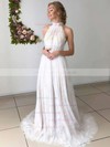 Lace Tulle High Neck A-line Sweep Train Appliques Lace Wedding Dresses #LDB00023665