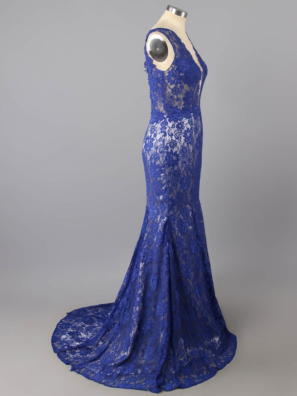 Inexpensive Floor-length Lace Open Back Royal Blue V-neck Prom Dress #LDB02016054