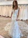Tulle V-neck Trumpet/Mermaid Court Train Appliques Lace Wedding Dresses #LDB00023670