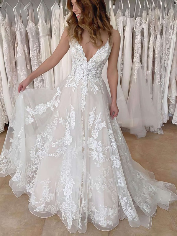 Tulle V-neck Princess Sweep Train Appliques Lace Wedding Dresses #LDB00023671
