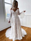 Lace V-neck A-line Sweep Train Wedding Dresses #LDB00023674