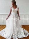 Tulle V-neck A-line Sweep Train Appliques Lace Wedding Dresses #LDB00023675