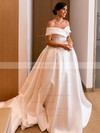 Satin Off-the-shoulder Ball Gown Court Train Pockets Wedding Dresses #LDB00023676