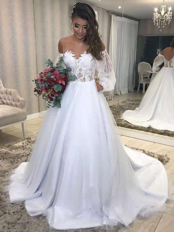 Tulle Off-the-shoulder Ball Gown Sweep Train Appliques Lace Wedding Dresses #LDB00023687