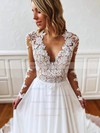 Chiffon V-neck A-line Court Train Appliques Lace Wedding Dresses #LDB00023691